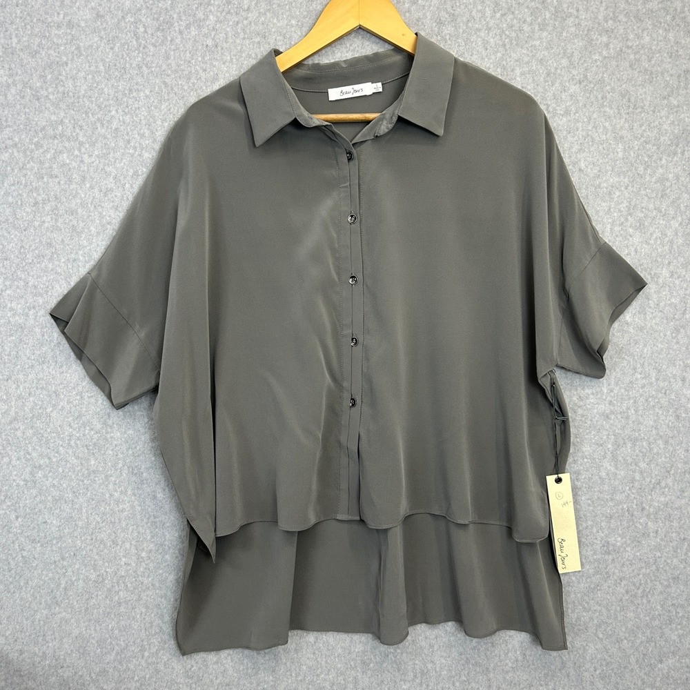 Beau Jours Womens‎ Large Gray Oversized Button-Up Top Blouse SS Silk Blend NWT